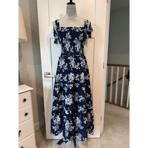 MoCo Boutique Navy Blue Floral Smocked Tiered Maxi Dress Tie Shoulder Medium